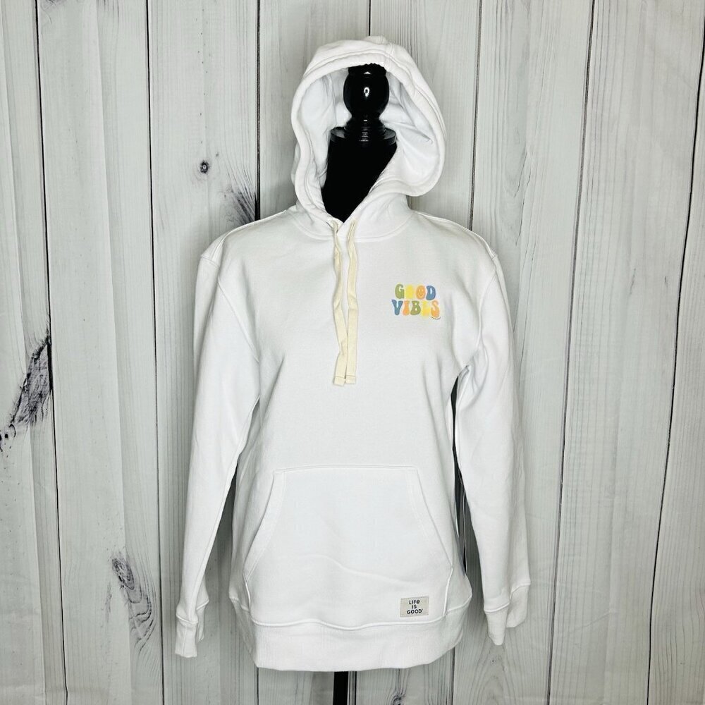 NWT Life is Good Hoodie Sweatshirt Good Vibes Womens Sz M White Fleece Lined